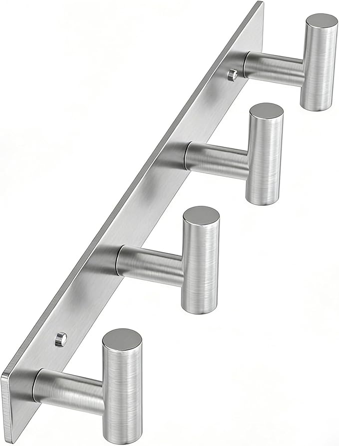 HUFEEOH T-Shaped Stainless Steel Coat Rack Wall Mount - 4 Heavy Duty Hooks for Bathroom, Mudroom Entryway, Durable Purse Hanger & Towel Rack