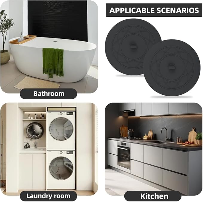 Tub Stopper 2PCS,Bathtub Drain Stopper,6 inches Bathtub Tub Drain Cover Stopper,Silicone Drain Plug,Kitchen Bathroom Hair Water Shower Stopper,Large Bathroom Laundry Accessories (Black/Black)