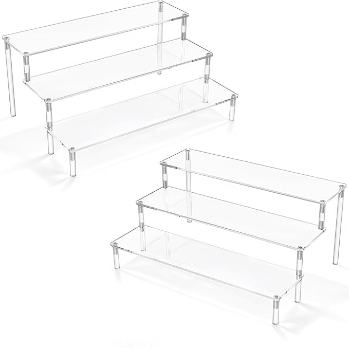 AZEAM 2 Packs Acrylic Display Risers,Clear Display Risers Stand Small Mini Shelf 3 Tiered Cupcake Stand for Food Desserts Stand Perfume Organizer Toys Collections Cosmetic Products Tabletop Use