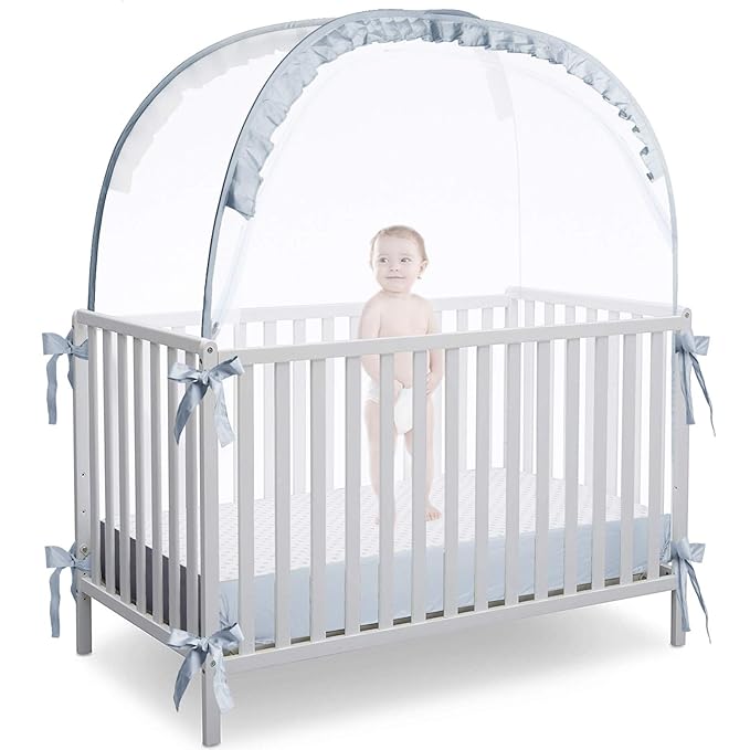L RUNNZER Baby Crib Tent, Breathable Pop Up Crib Tent Canopy Keep Baby from Climbing Out, Crib Net to Keep Baby in with Auto-Lock Zipper(55.2" L x 27.6" W x 51.6" H)