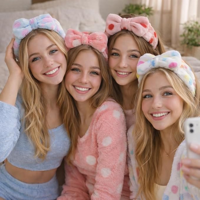 10 Pack Plush Bow Skincare Headbands - Assorted Colorful Polka Dot & Patterned Spa Headbands for Women & Girls, Pajama Parties, Birthday Gifts, Back to School, and Daily Skincare