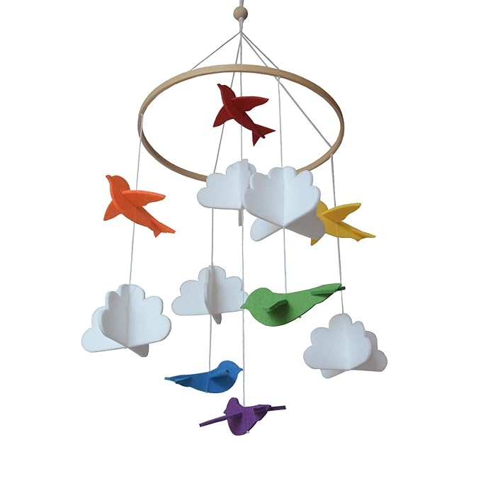 Baby Crib Mobile – Wooden Hanging Nursery Baby Mobile for Crib, Nursery Decor for Boys & Girls, Perfect Shower Gift (Rainbow Birds in The Clouds, w/Garland) Also Fits Bassinets, Sorrel + Fern