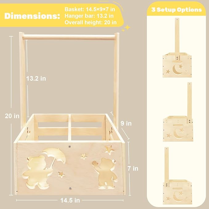 Wooden Baby Shower Crate Closet with Hanger Rack, Baby Shower Basket, 6 Baby Hangers, Removable Divider Board, Greenery Garland, Tools, Nursery Storage Organizer, Boys & Girls