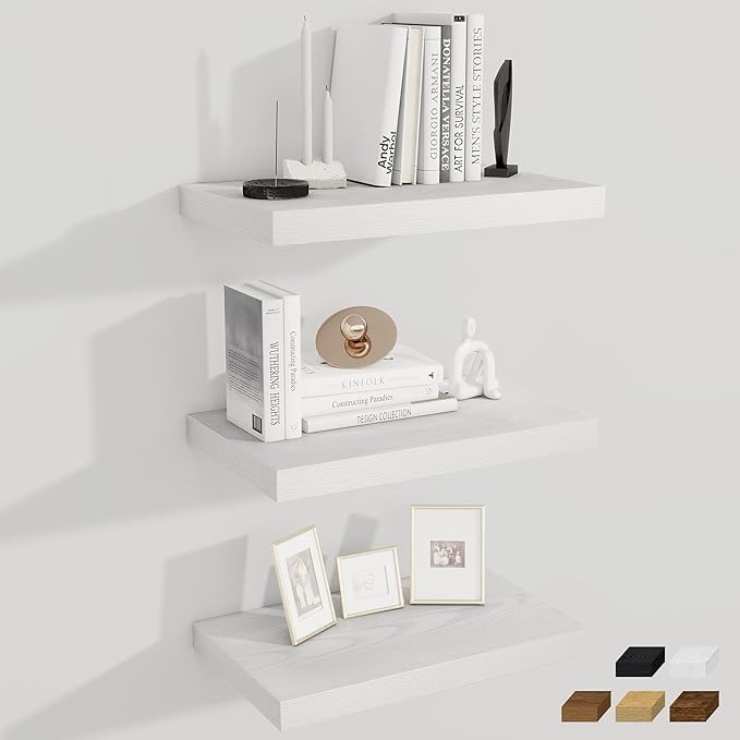 Fun Memories 12 Inch Deep Floating Shelves for Wall, 20 Inch Long Wall Mounted Storage Shelf with Invisible Brackets, 3 Pack Hanging Wood Shelf for Farmhouse, Bedroom, Kitchen, Living Room, White