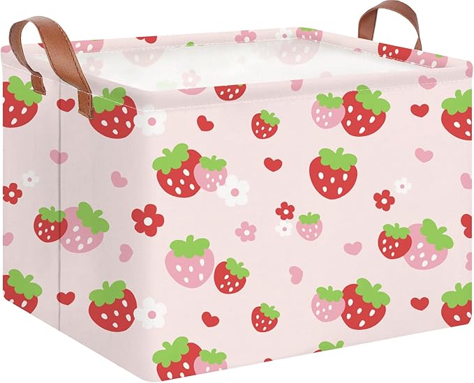 HKEC Rectangle Storage Basket with Handles,Collapsible Storage Bin,Books Box,Gift Basket(Strawberry)