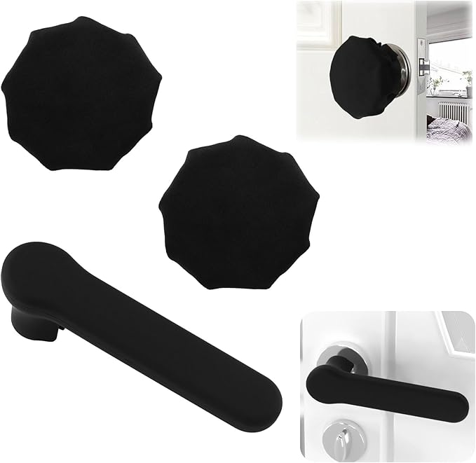 Door Handle Cover Set, 1pc Silicone Door Handle Glove Cover & 2pcs Decorative Round Door Knob Covers Anti-Static Safety Protector for Handles/Knobs (Black)