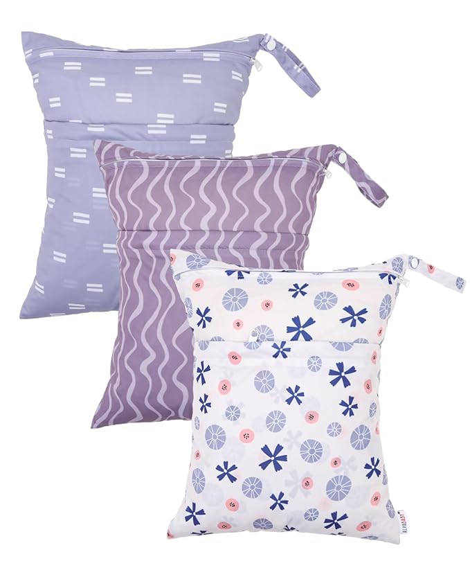 ALVABABY 3pcs Cloth Diaper Wet Dry Bags Waterproof Reusable with Two Zippered Pockets Travel Beach Pool Daycare Soiled Baby Items Yoga Gym Bag for Swimsuits or Wet Clothes 3L-ZM36