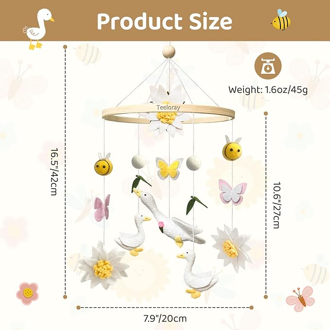 Baby Mobile for Crib Goose Nursery Decor Handmade Felt Crib Mobile for Bassinet One Silly Goose Birthday Decorations Flowers Butterflies Bees Room Hanging Decor Baby Shower Newborn Gifts