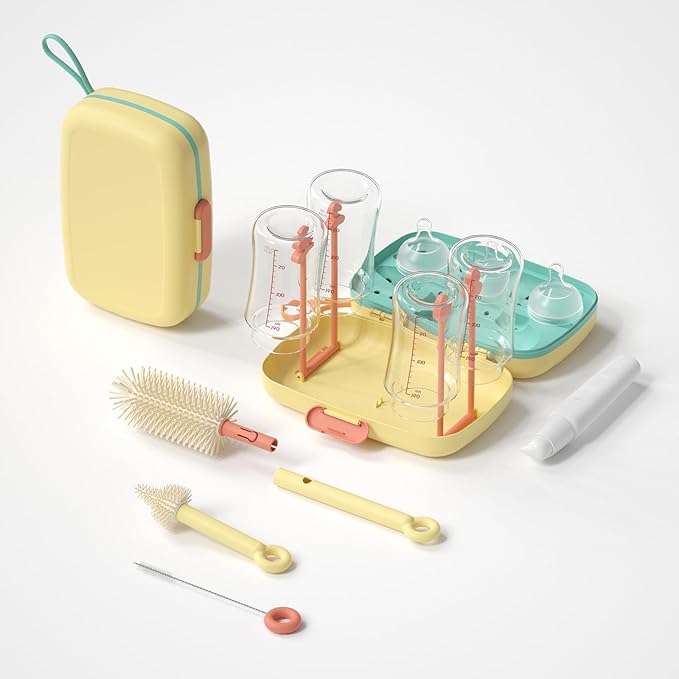 Suvast 7in1 Travel Bottle Cleaner kit,Baby Essentials, with Bottle Brush、Nipple Brush、Straw Cleaner Brush、Soap Dispenser、Bottle Drying Rack、Drainage Tray、Storage Box,Baby Travel Essential (Yellow)