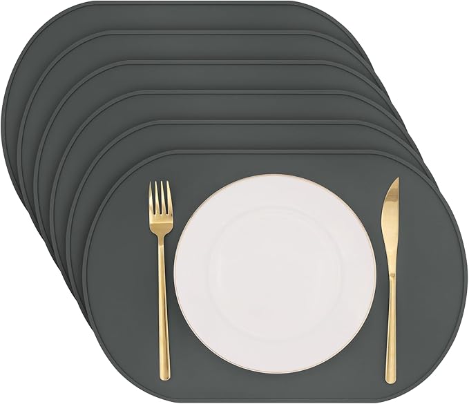 Silicone Placemat Set of 6, Heat Resistant Placemats for Dinning Table, Reusable Portable Kids Baby Placemats, Waterproof Stain-Proof Toddler Food Mats, Easy to Clean Silicone Mat Oval Placemat
