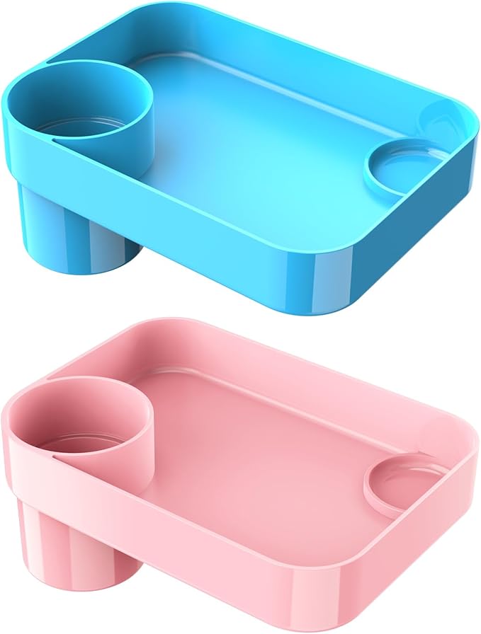 [2 Pack] Car Seat Snack Tray for Toddlers - 3 Inch Cup Holder Fits Most Sippy Cups & Straw Bottles with Dip Well, Mess-Free Square Kids Travel Tray Road Trip Essentials, Pink & Sky Blue