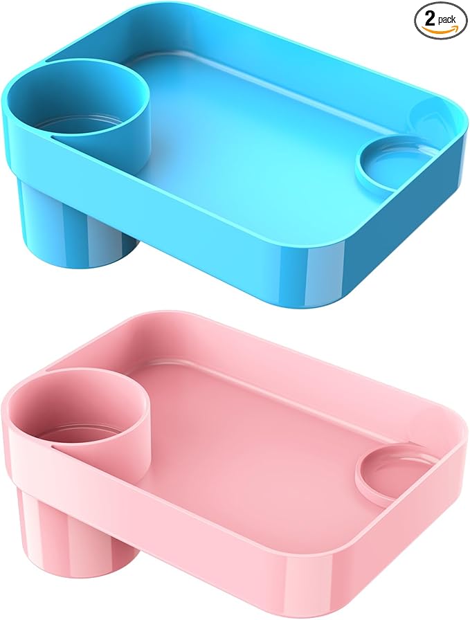 [2 Pack] Car Seat Snack Tray for Toddlers - 3 Inch Cup Holder Fits Most Sippy Cups & Straw Bottles with Dip Well, Mess-Free Square Kids Travel Tray Road Trip Essentials, Pink & Sky Blue