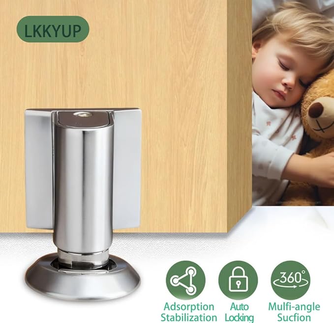LKKYUP Magnetic Door Stopper for Floor Use, Wall & Floor Compatible Door Wedge Stopper, Bottom Mounted Stopper, No Drill Adhesive Stopper, Magnetic Catch, Wall Protector, Quiet Hold, MetallicGray
