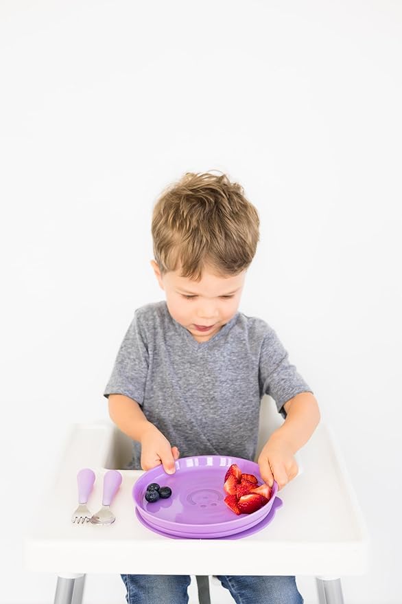 Ubbi Toddler Feeding Set, 7-Piece, Plate, Bowl, Cup + Baby & Toddler Stainless Steel Utensils, Interchangeable Suction Base, BPA-Free Dishwasher Safe, Self-Feeding for Baby-Led Weaning, Purple