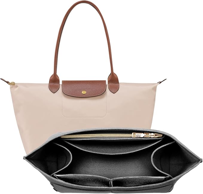 OPPOSHE Purse Organizer Insert for Longchamp Le Pliage, Premium Felt Long Champ Bag Handbag Women, Tote Organizer Insert with 9 Compartments (Large, Grey)