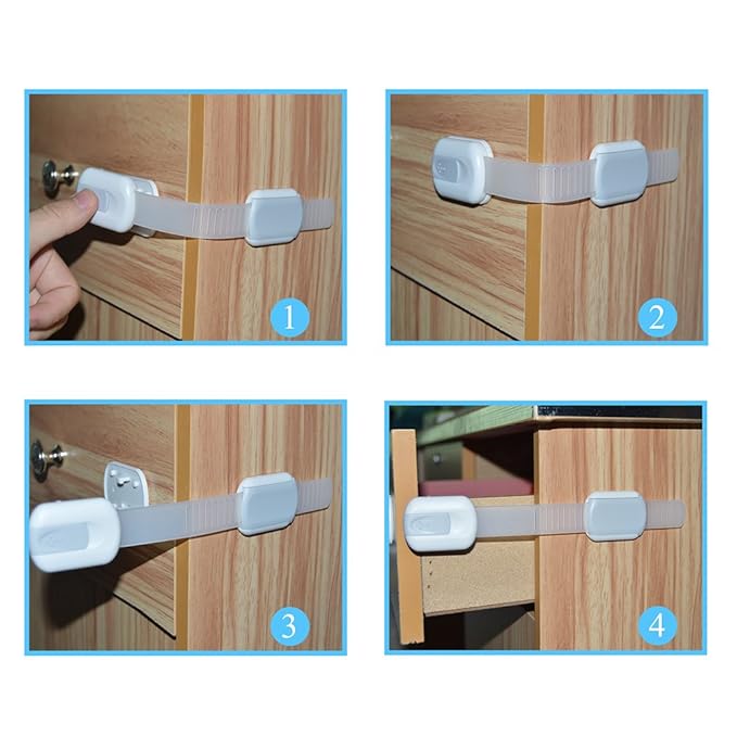 Child Safety Cabinet Strap Locks - OKEFAN 12 Pack Baby Proofing Adhesive Latches for Kids Drawer Cupboard Dishwasher Fridge Oven Door No Drill (Grey)