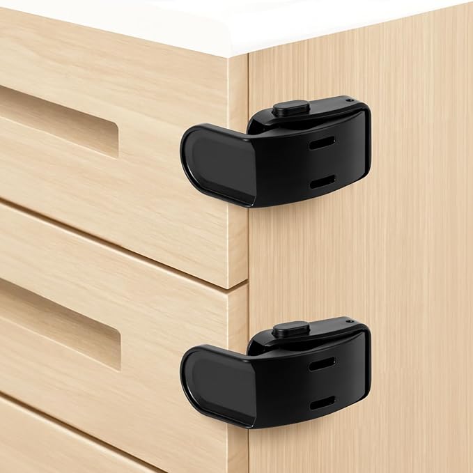Maveek Baby Proof Drawer Locks 6 Pack, Toddler Proofing Lock For Corner Drawer Nightstand Cabinet Thinner Door Kitchen Cupboard, Baby Safety Furniture Latch For 0-12 Month Infants (6Black)