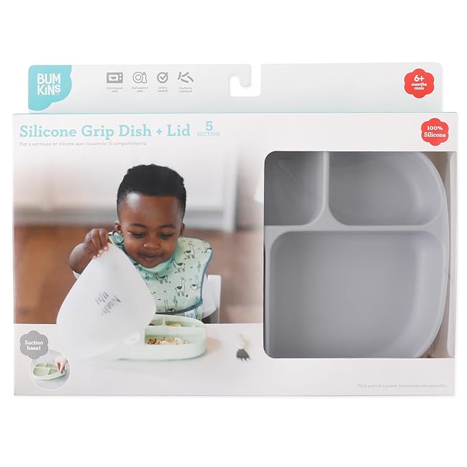 Bumkins Toddler and Baby Suction Plate, Silicone Divided Grip Dish and Lid, Large 5-Section Tray for Kids, Essentials in Children Feeding Supplies, Non Skid Stick Bottom, for Ages 6 Months Up, Gray