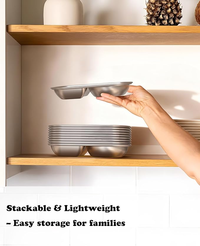 Bakpoco 2PCS Stainless Steel Toddler Plates with 2 Dividers, Kids Plates for Snack Portion Control, Small Divided Plate for Baby Feeding & Adults Camping, Non-toxic Dishwasher Safe Metal Dish