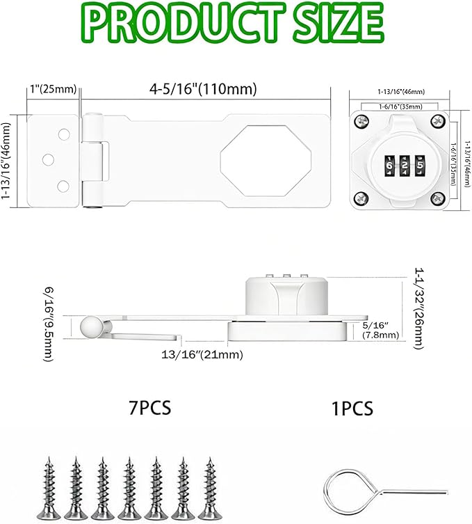Keyless Combination Lock, Code Zinc Alloy Door Latch, 3-Digit Combination Lock, Twist Knob Hasp Latch Lock, Cabinet Locks with Combination, Easy DIY Installation (White)