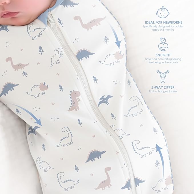 Baby Swaddle 0-2 Months, Cotton Arm-In Zipper Sleep Sack, Wearable Blankets Wrap for Newborn Infant Boys (Dinosaur, Polka Dots, Pack of 2)