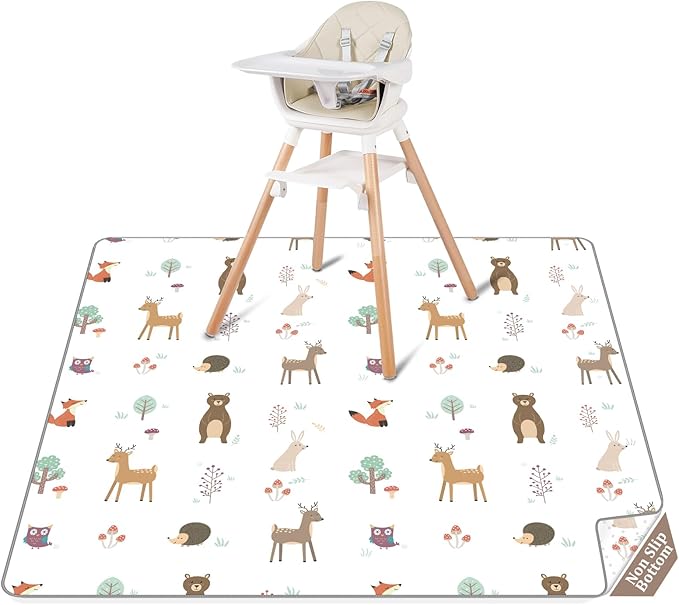CLYMENE Splat Mat for Under High Chair | 51x51 Inch Anti-Slip Baby Splash Mat | Waterproof & Washable Spill Mat for Highchair Floor and Infant Play (Woodland Tale)