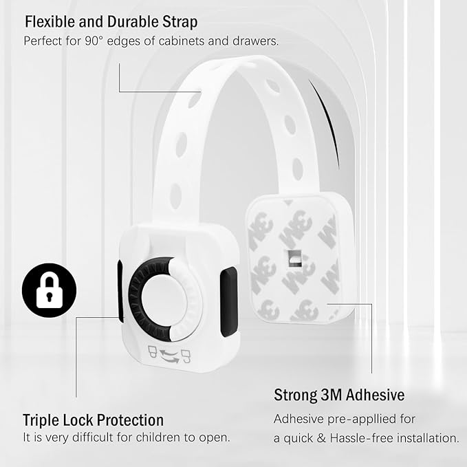 FYY Child Safety Cabinet Locks - Baby Proofing Child Safety Locks Strap, (6-Pack) 3M Adhesive Adjustable Door Latches for Cabinets and Drawers, Multi-Purpose for Furniture Toilet Seats Ovens, Black