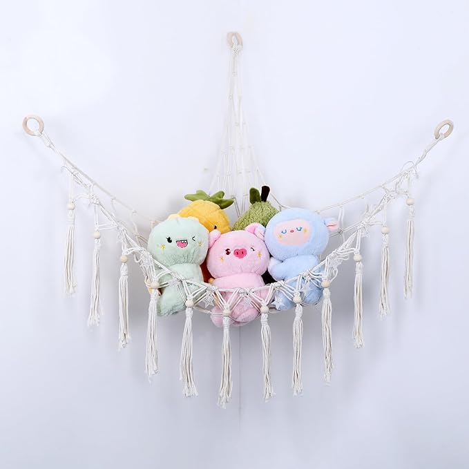 Stuffed Animal Hammock with 13LEDs Star Lights, 47in Toy Storage Macrame Hammock, Hanging Toy Net for Kids Bedroom Doll Room Corner Organizer, Battery Powered Toy Hammocks with Remote(Star, Large)