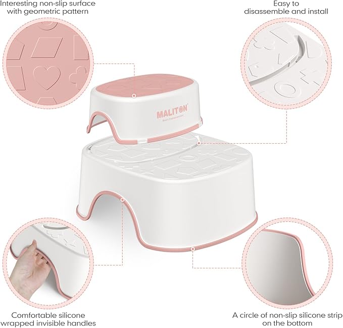 Potty Training Seat with Step Stools, Maliton Potty Training Toilet for Toddlers Girls with Splash Guard, Anti-Slip Toddler Stool for Bathroom, One Potty Seat and 2 in 1 Step Stool for Kids (Pink)