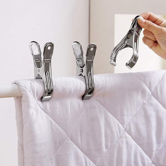 FOMMEN Outdoor Heavy Duty clothespins 10 Pack Large Stainless Steel Quilt Clips,Beach Towel Clips,Curtain Clamps,Rubber Tipped Metal Clothes