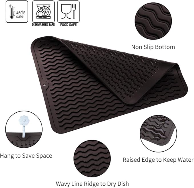 MicoYang Silicone Dish Drying Mat for Multiple Usage,Easy clean,Eco-friendly,Heat-resistant Silicone Mat for Kitchen Counter or Sink,Refrigerator or drawer liner Coffee L 16 inches x 12 inches