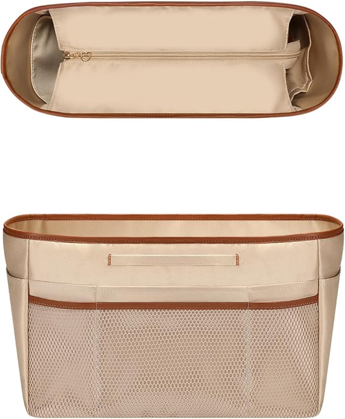 GIVLEFLY Tote Organizer Insert with Multiple Pockets Zipper Purse Dividers with Handle Lightweight Purse Liner with Cup Holder Fit for Longchamp Small Size and Neverful and More(Small,Beige)