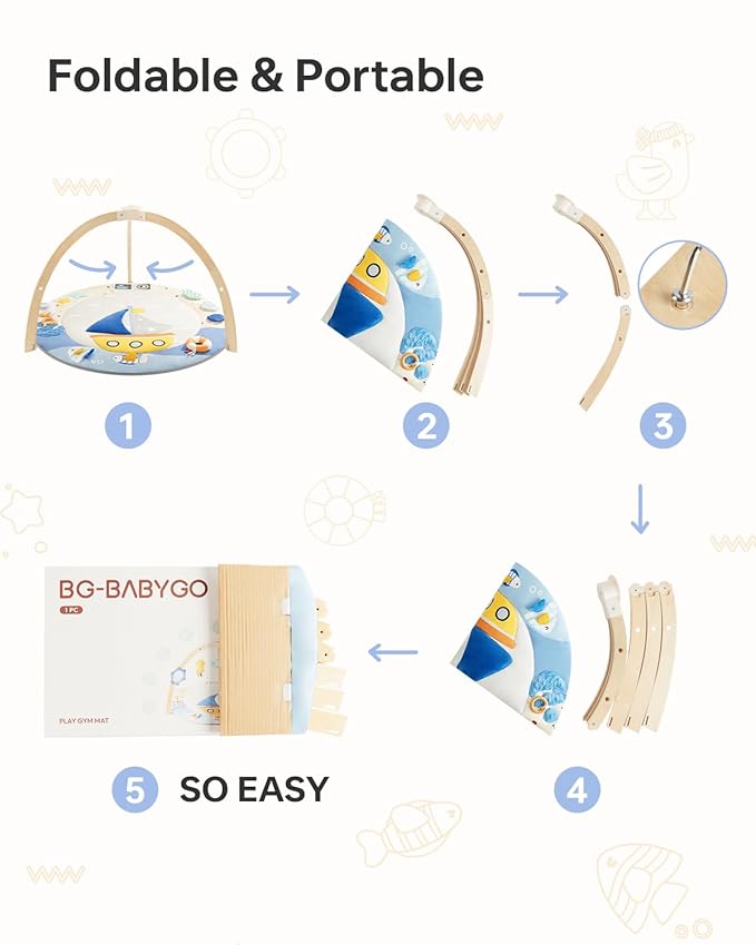 BG-BABYGO Baby Play Gym Activity Mat, 5 Developmental Zones Wooden Tummy Time Mat with 7 Detachable Sensory Toys for Motor Skills & Sensory Development, Baby Essentials Shower Gift, Easy to Install