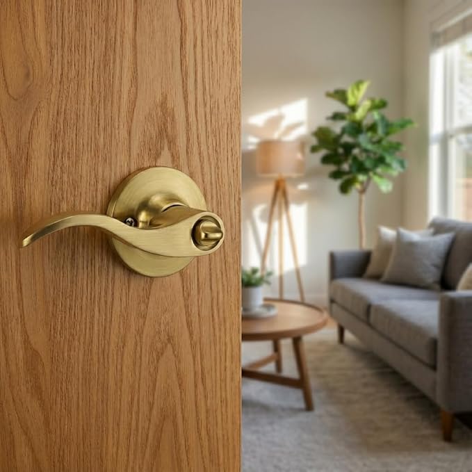 1 Pack of HENYIN Wave Lever Keyed Entry Door Lock/Door Knob Hardware Handle and Closet Lockset, Gold Color, with Key,Right Hand(805-G-R)
