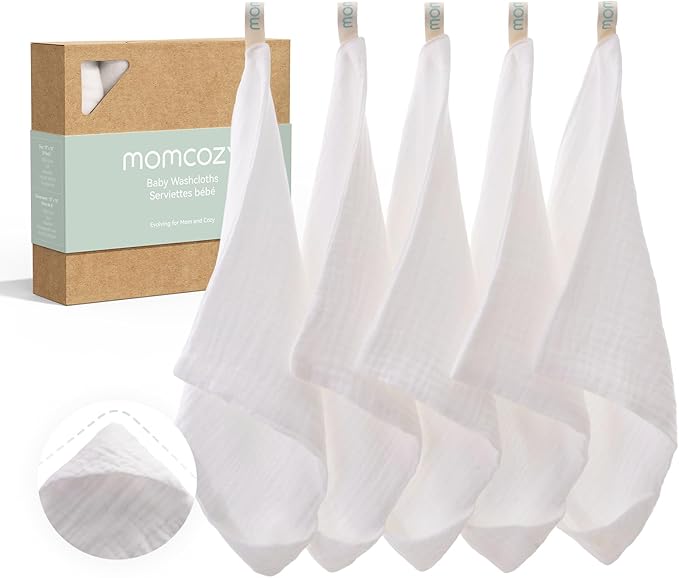 Momcozy Baby Washcloths - 4 Layer Design| Medium Thickness| Soft & Absorbent| Premium Cotton for Newborns' Skin-Great for Bathing, Wiping & on-the-go Use, Shower Gift and Essential(5 Pack, 10x10 inch)