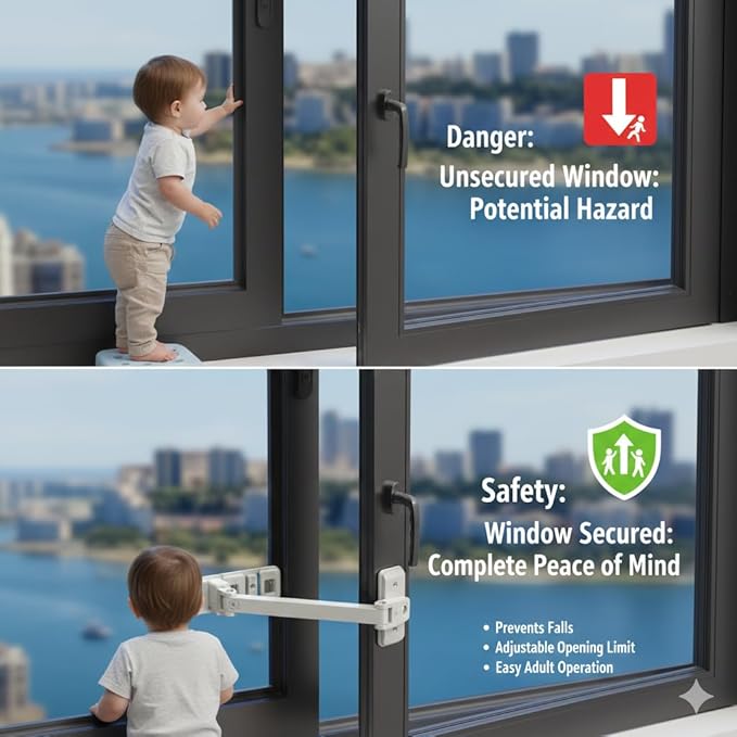 Premium Child Safety Locks – Adjustable, No-Drill & Easy-Install Home Safety Kit – Window Restrictor Lock