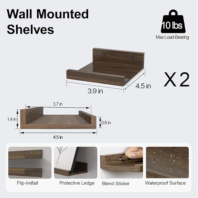 Small Floating Shelves for Wall Decor, Wall Mounted Wood Shelf for Bedroom, Living Room, Bathroom, Kitchen, Nursery, Mini Display Ledge Shelf with Lip Set of 2-4 Inches, Walnut