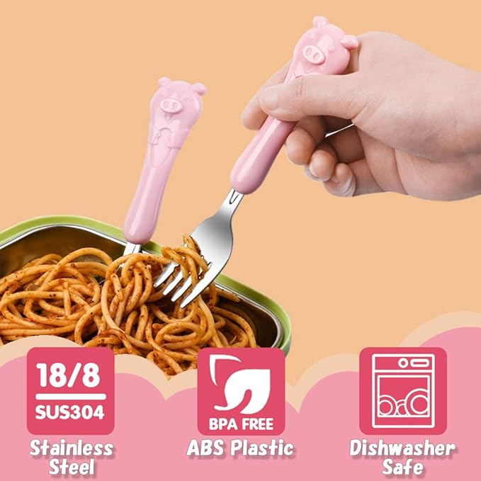 Toddler Utensils Kids Spoon and Fork Set 18/8 Stainless Steel Silverware BPA Free Cute Pig Child Flatware with Travel Case for Age 3+