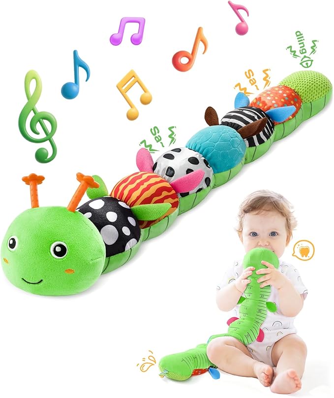 Baby Toys 6-12 Months Music Caterpillar,Stuffed Animals Infant Toys 0-3-6 Months,Baby Sensory Toys Tummy Time with Crinkle Rattle Teething Toys for Newborn Boys Girls Gifts Birthday|Grass Green