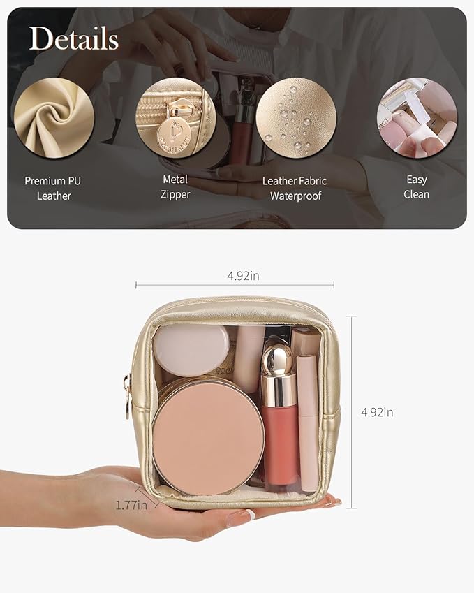 Pocmimut Clear Makeup Bag, Easy to Find Mini Makeup Bag for Purse, Travel Makeup Bag for Car, Compact Cosmetic Pouch for Daily Essentials,Gold