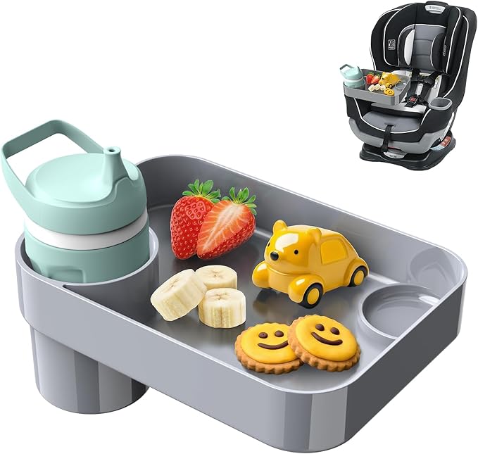 Car Seat Snack Tray for Toddlers - 3 Inch Cup Holder Fits Most Sippy Cups & Straw Bottles with Dip Well, Mess-Free Square Kids Travel Tray Road Trip Essentials, Grey
