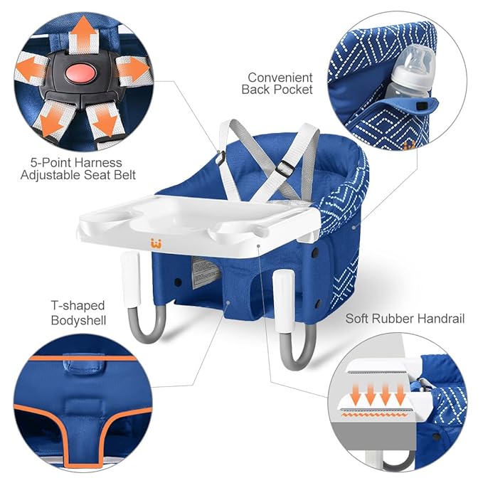 MTWML Hook On High Chair with Tray,Portable Baby High Chair That Attaches to Table,Clip On Fast Table Seat for Babies and Toddlers.Baby Feeding Seat for Dining Tables and Counter(Stripe-Blue)
