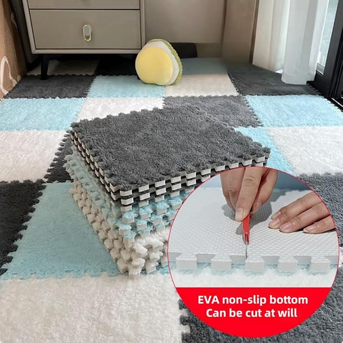 12pcs Carpet Squares Puzzle Floor Mat, Plush Interlocking Carpet Tiles, Anti Slip EVA Foam Jigsaw Floor Tiles, Build A Safe Area for Bedroom Playroom (White+Beige+Grey)