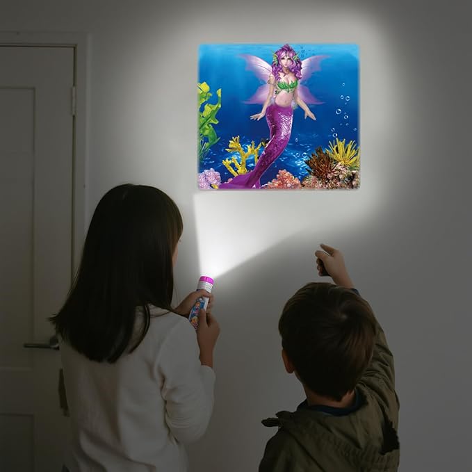 Pup Go Mermaid Projector Flashlight for Kids Ages 3+, Ideas Christmas Stocking Stuffers Gifts for Girls, Pink Fairy Little Mermaid Toys, 3 Discs 24 Images, Kid Night Light Projector