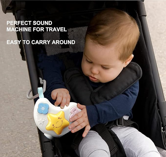 White Noise Machine and Baby Soother with Remote, 108 Lullaby Music, Soothing Sounds and Night Light for Newborn Nursery Sleeping, Musical Crib Toy, Portable Baby Sound Machine for Travel