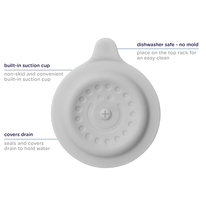 Ubbi Bathtub Drain Cover, Silicone Drain Stopper with Suction, Baby Bath Time Accessory, Gray