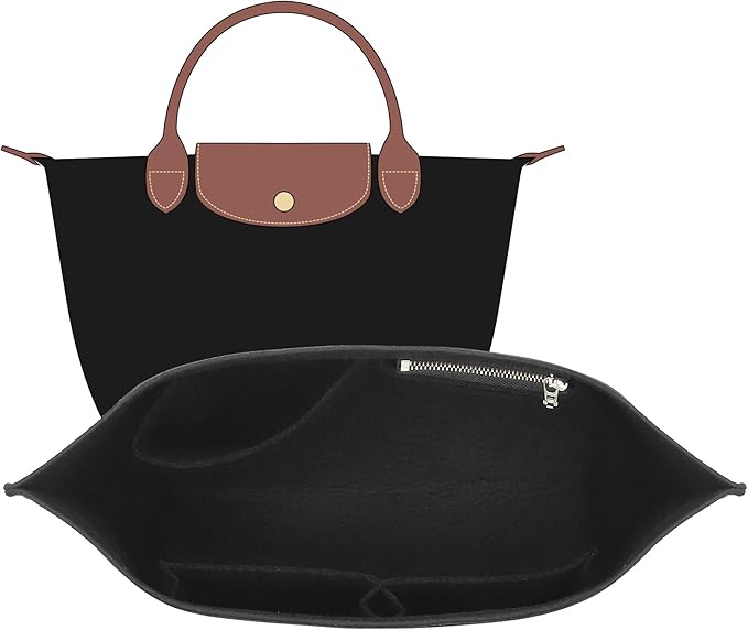 Felt Purse Organizer Insert Compatible with Longchamp Le Pliage S Hangbag, Zipper Long Champ Small Handbag Organizer with Cup Holder, 7 Compartments Bag Insert(Black,S)
