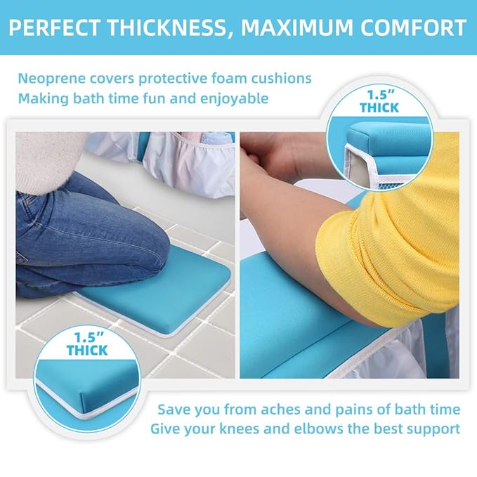 Bath Kneeler and Elbow Rest Set Thick Baby Bath Kneeling Pad Bathing Kneeling Mat Cushion Washable Padded Bathtub Knee Saver with Arm Support and Pockets Organizer for Bathroom Bathtime Comfort, Blue