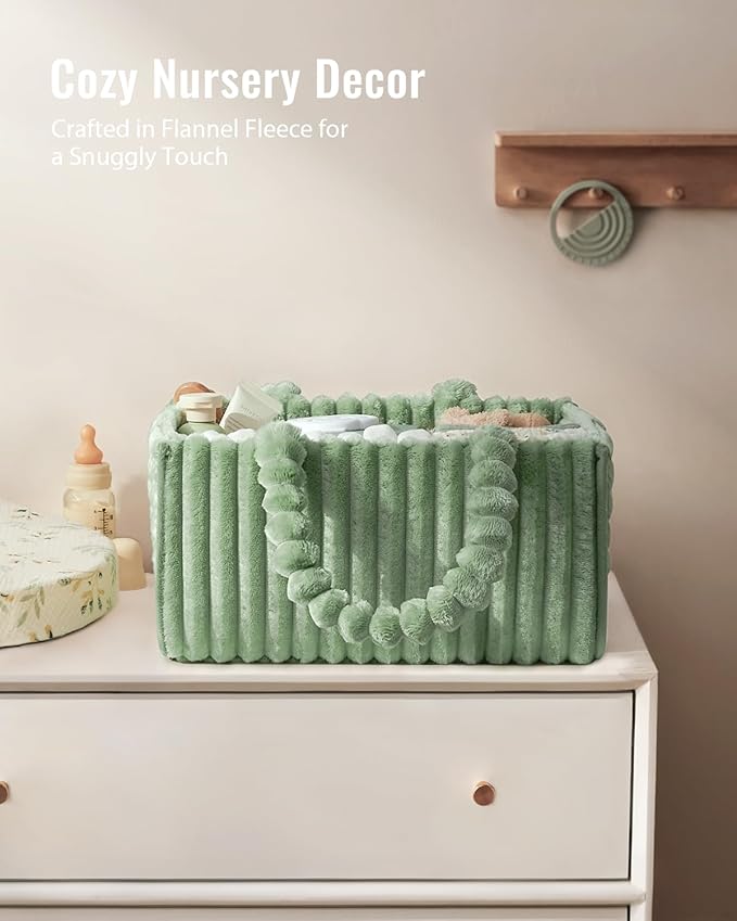 Blissful Diary Flannel Diaper Caddy Organizer, included Gift Packaging, Cozy Nursery Storage Basket, Gift for Baby Shower, Newborn Essentials, Sage Green