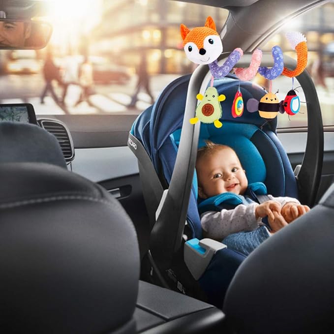Car Seat Toys, Baby Plush Spiral Hanging Toys for Stroller Crib Bar Bassinet Car Seat Mobile with Music Box BB Squeaker Rattles- Orange Fox
